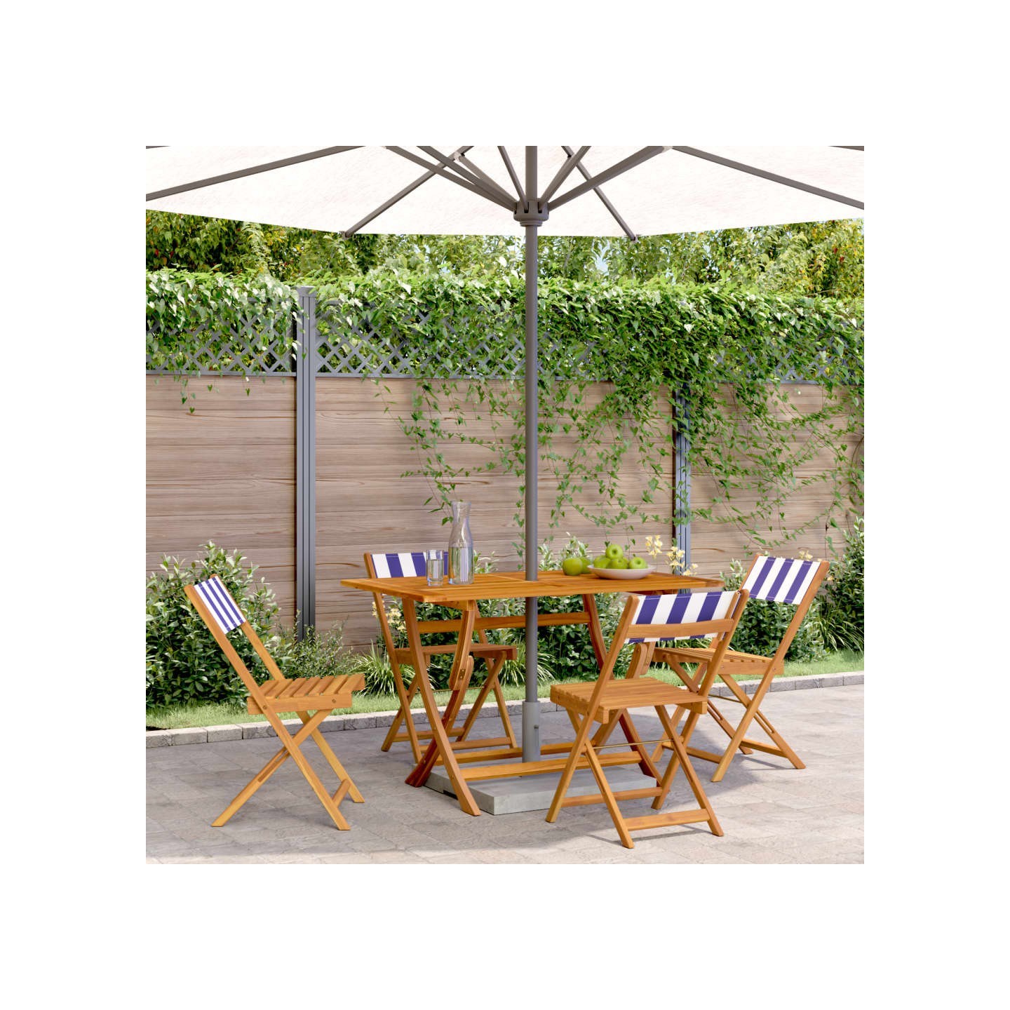 Chaises pliantes 4 pièces Tissu bleu et blanc et bois massif