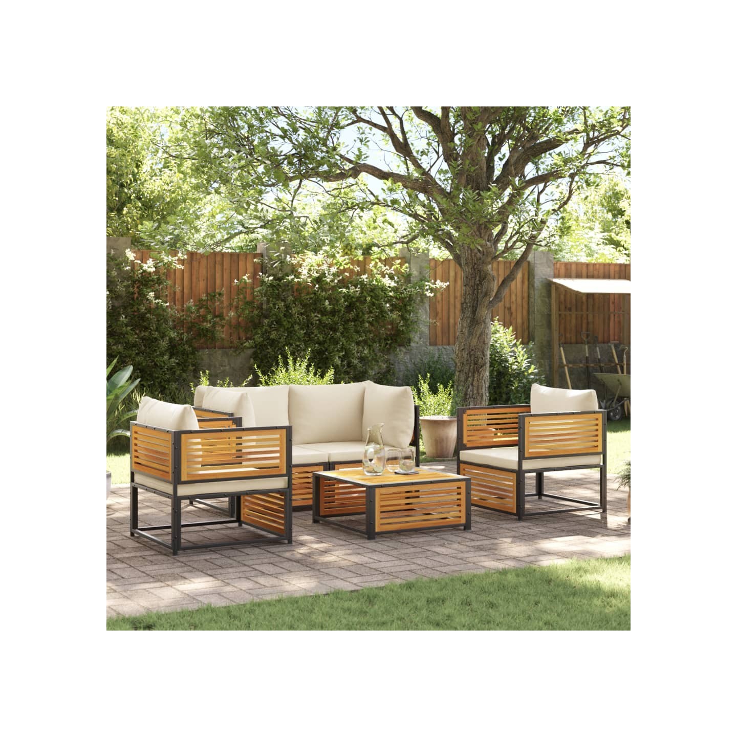 Salon de jardin avec coussins 5 pcs Bois d'acacia solide