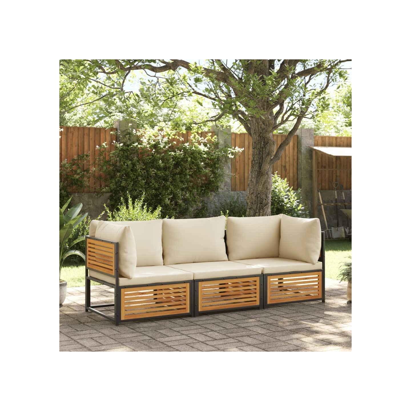 Salon de jardin avec coussins 3 pcs bois massif d'acacia