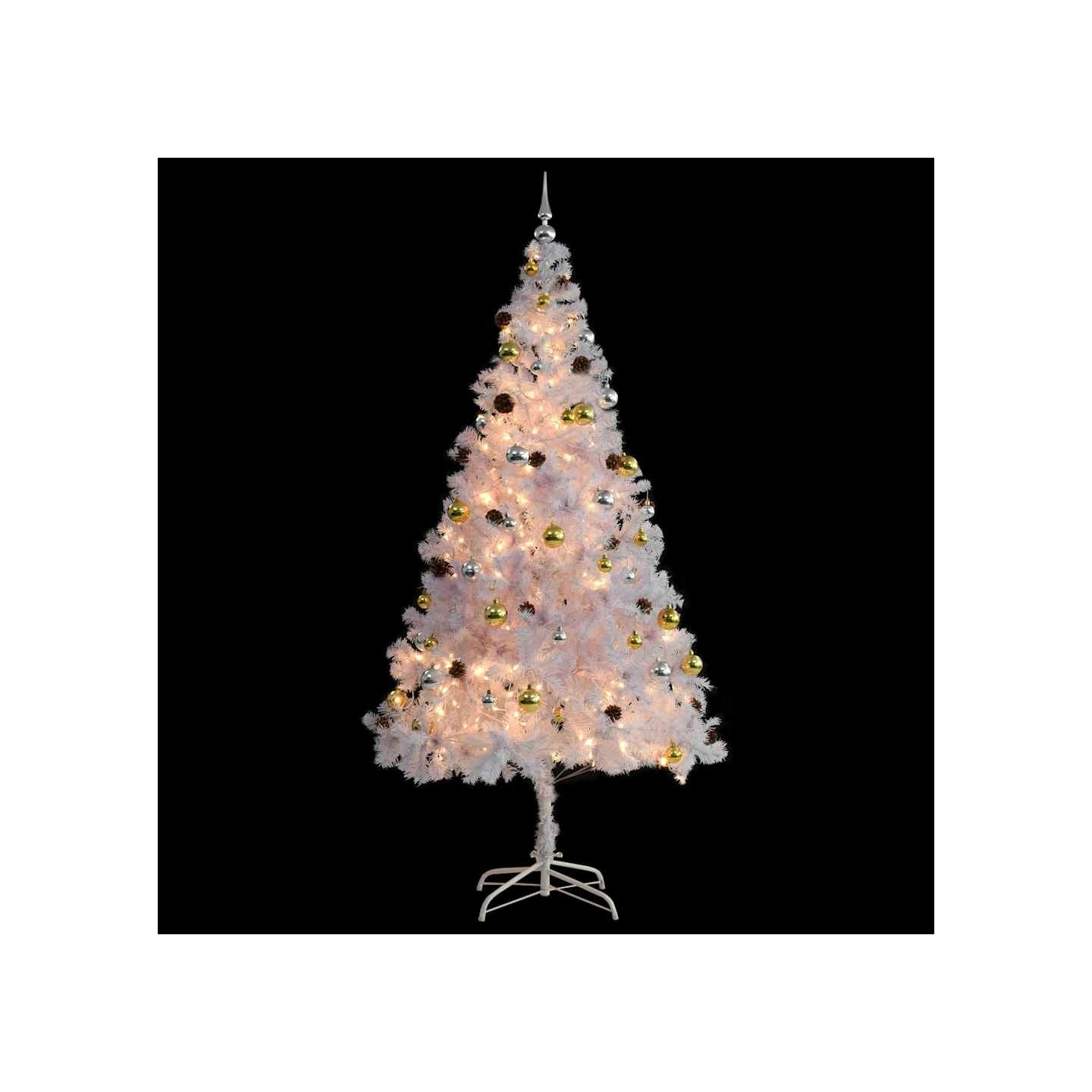 Arbre de Noël artificiel pré-éclairé avec boules blanc 210 cm