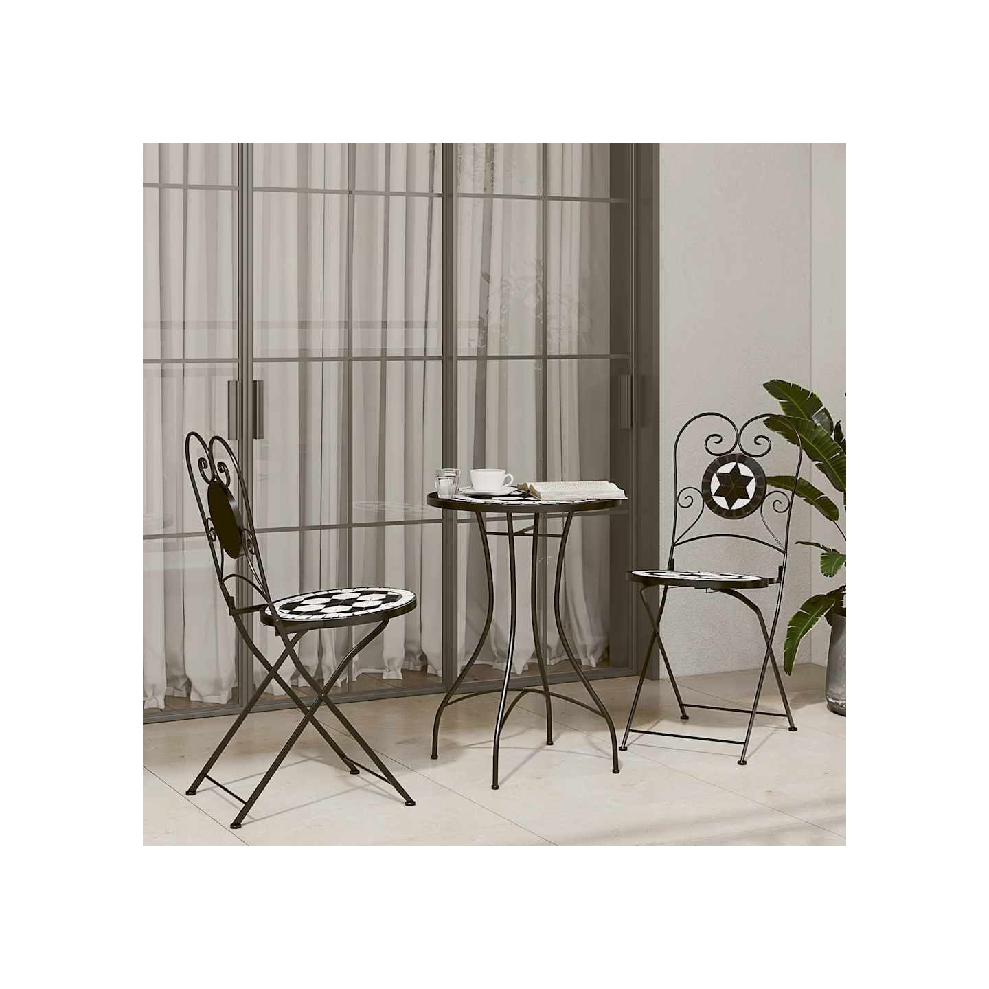 Ensemble de bistro mosaïque noir et blanc fer et céramique