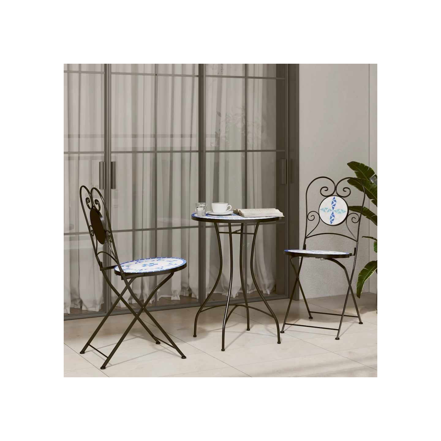 Ensemble de bistro mosaïque bleu et blanc fer et céramique