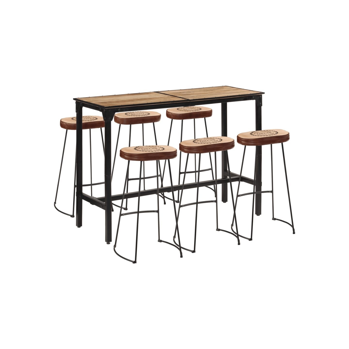 Ensemble de bar 7 pcs bois de manguier brut massif et métal