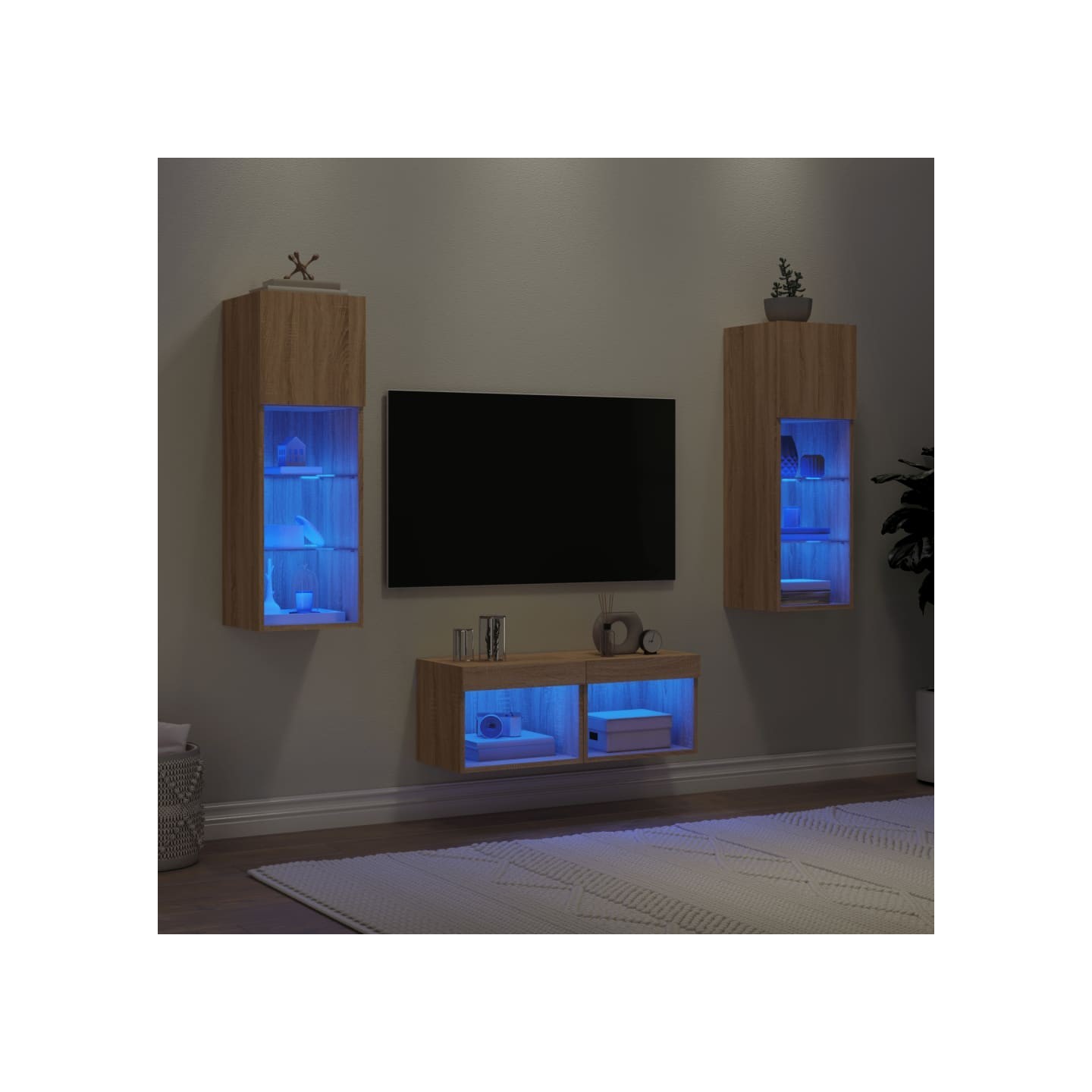 Meuble TV muraux 4 pcs avec lumières LED chêne sonoma