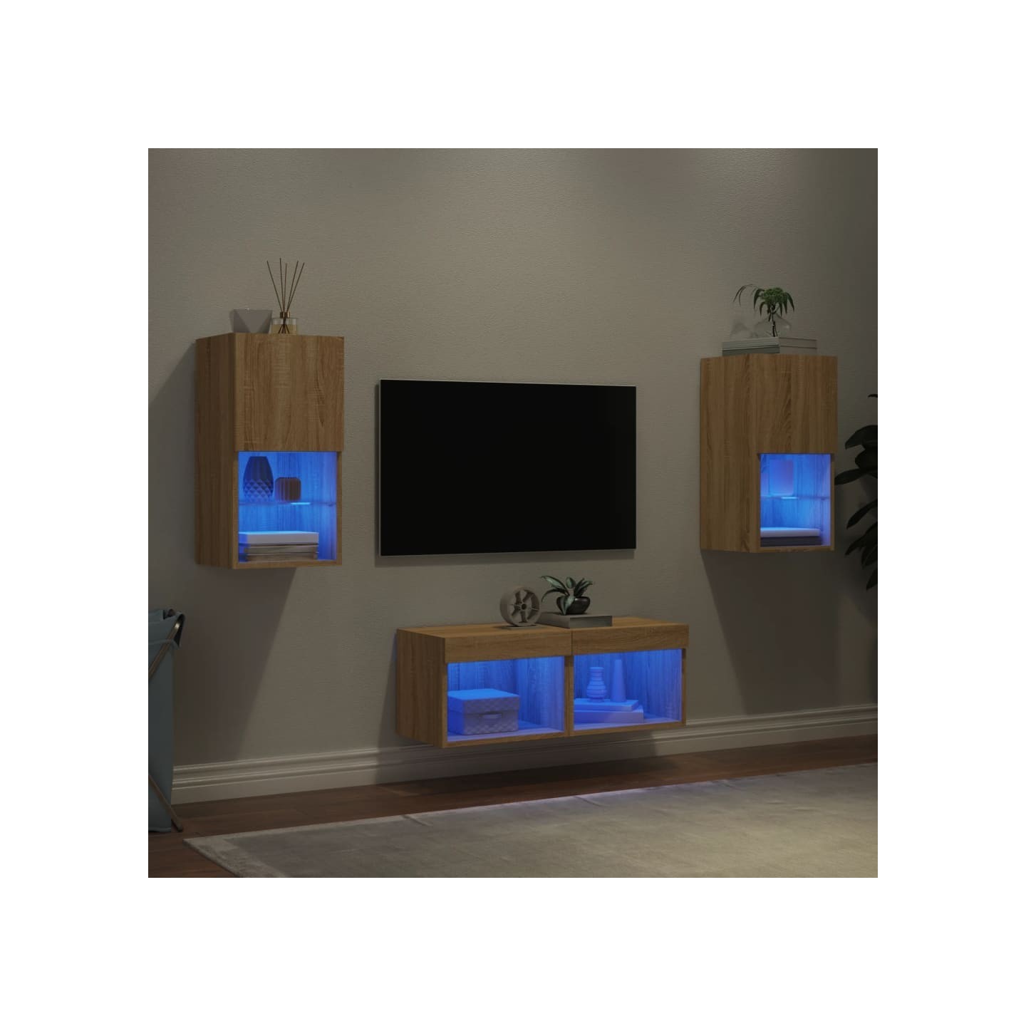 Meuble TV muraux 4 pcs avec lumières LED chêne sonoma