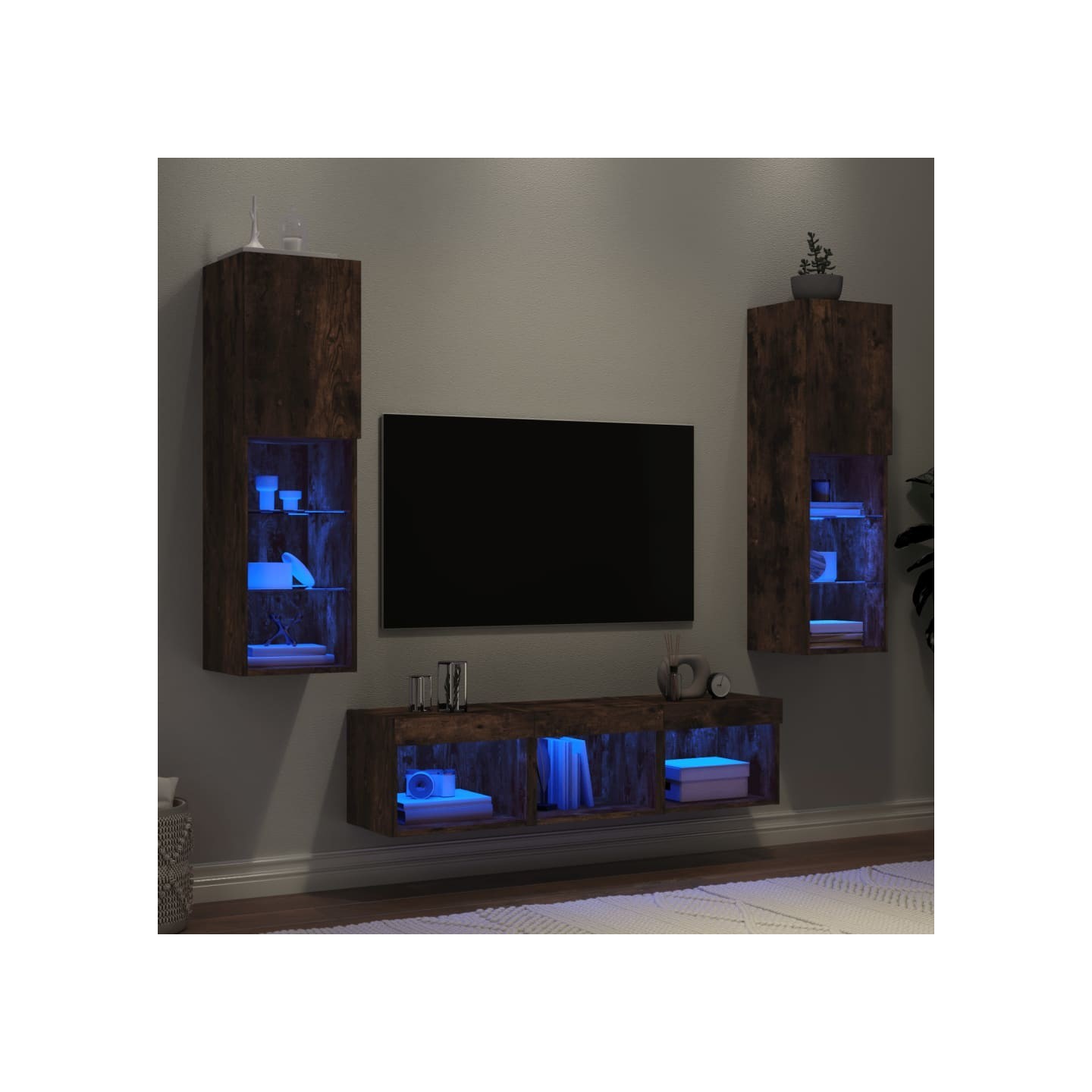 Unités murales TV avec LED 5 pcs chêne fumé bois d'ingénierie