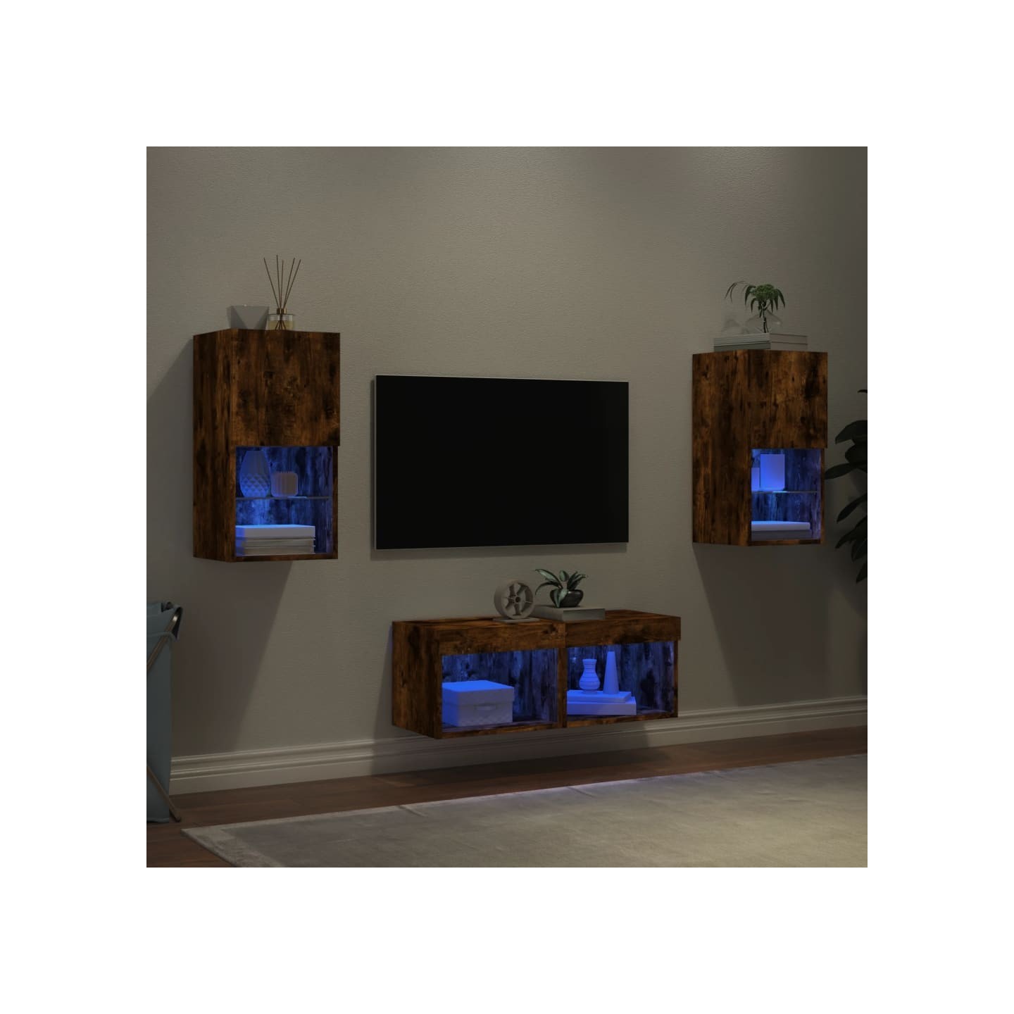Meuble TV muraux 4 pcs avec lumières LED chêne fumé