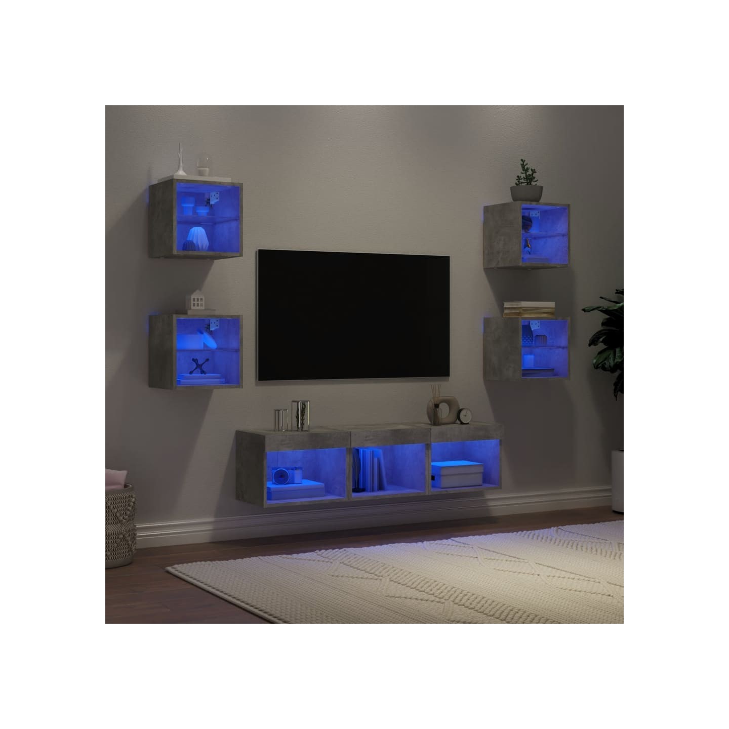 Unités murales TV avec LED 7 pcs gris béton bois d'ingénierie