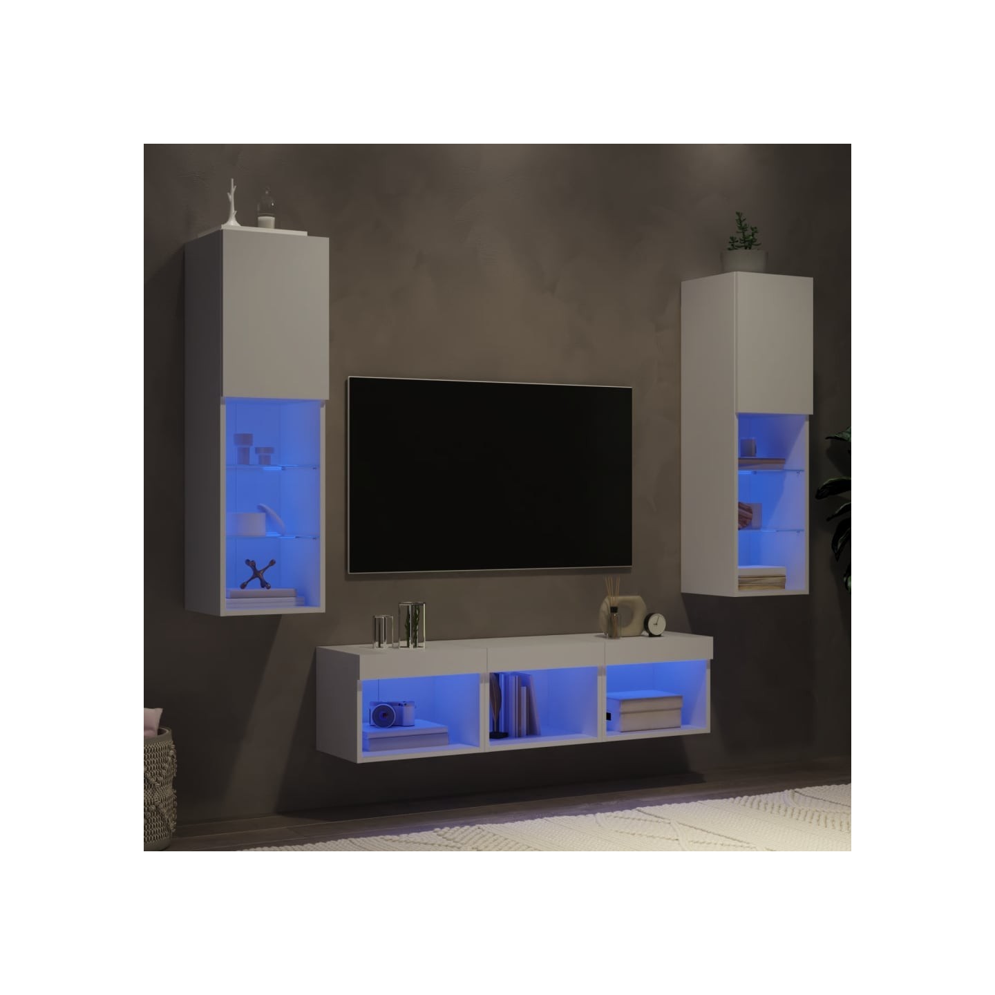 Unités murales TV avec LED 5 pcs blanc bois d'ingénierie