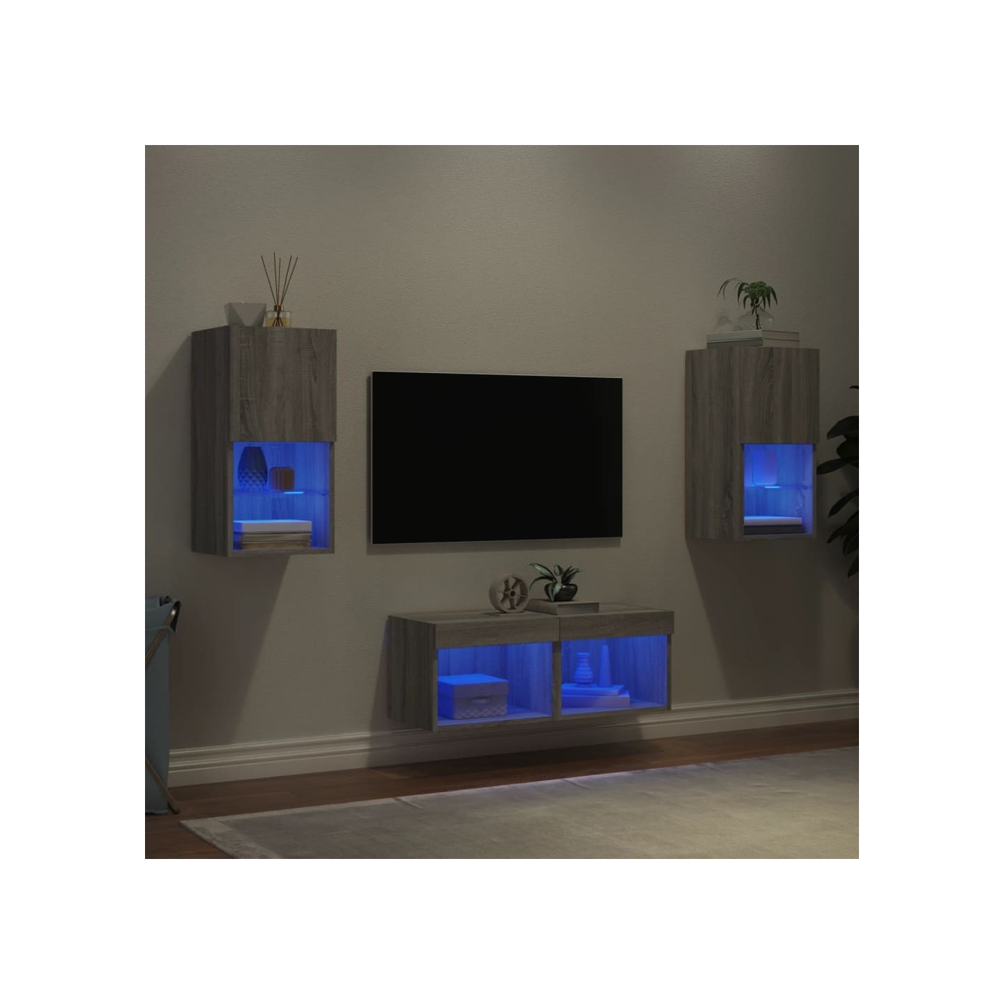 Meuble TV muraux 4 pcs avec lumières LED sonoma gris