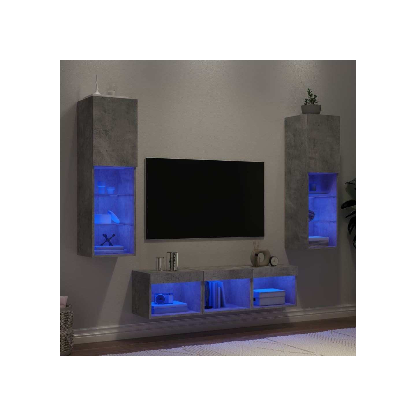 Unités murales TV avec LED 5 pcs gris béton bois d'ingénierie
