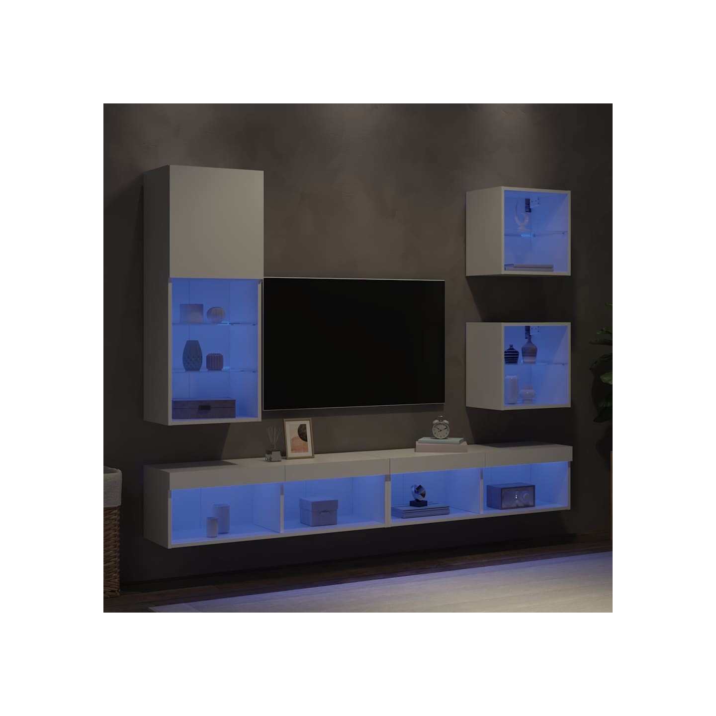 Unités murales TV avec LED 5 pcs blanc bois d'ingénierie