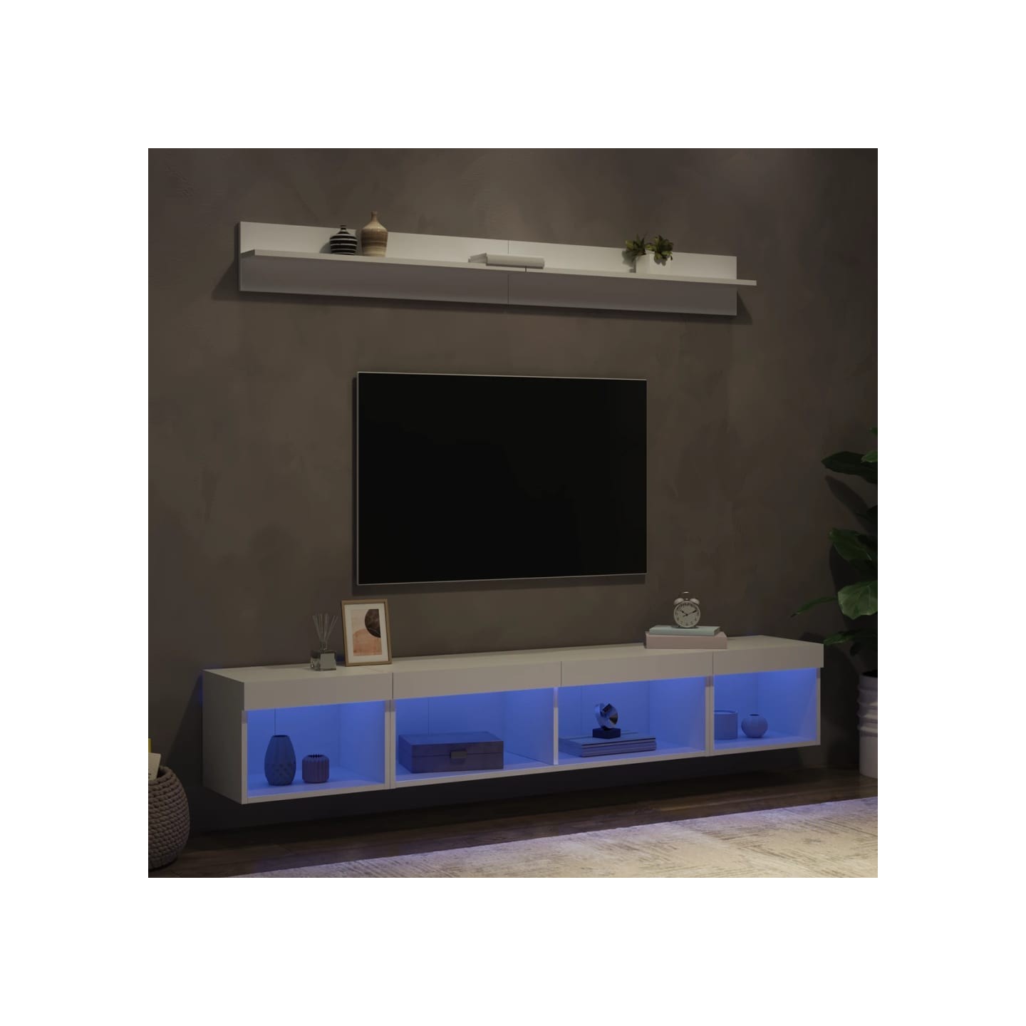 Unités murales TV avec LED 5 pcs blanc bois d'ingénierie