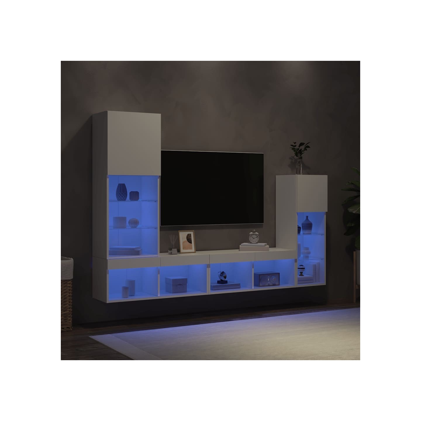 Unités murales TV avec LED 4 pcs blanc bois d'ingénierie