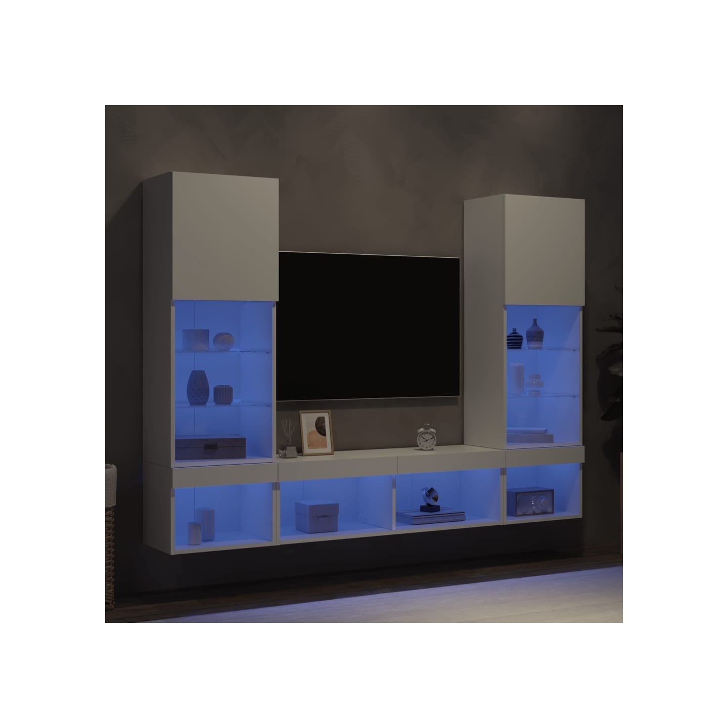 Unités murales TV avec LED 5 pcs blanc bois d'ingénierie