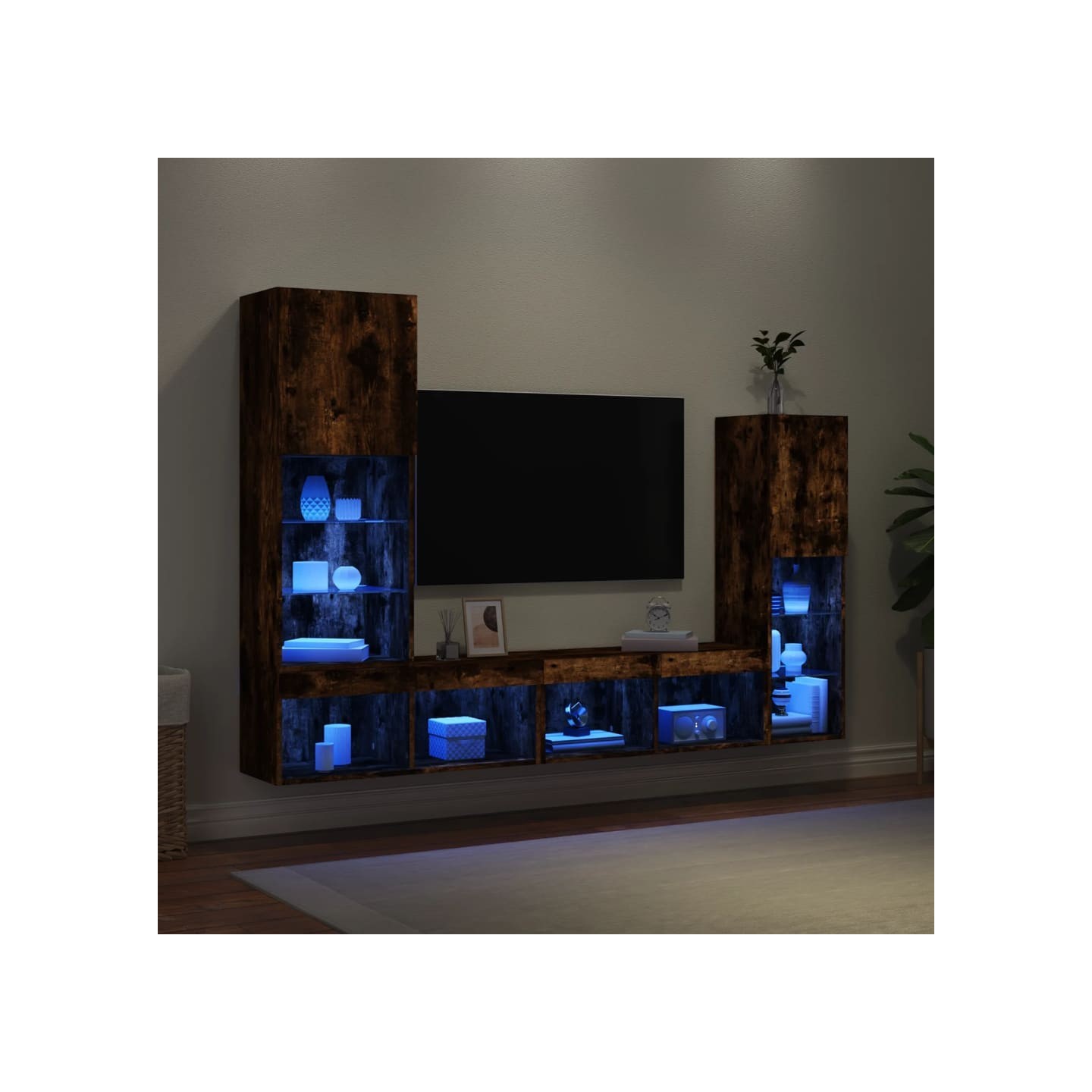 Unités murales TV avec LED 4 pcs chêne fumé bois d'ingénierie