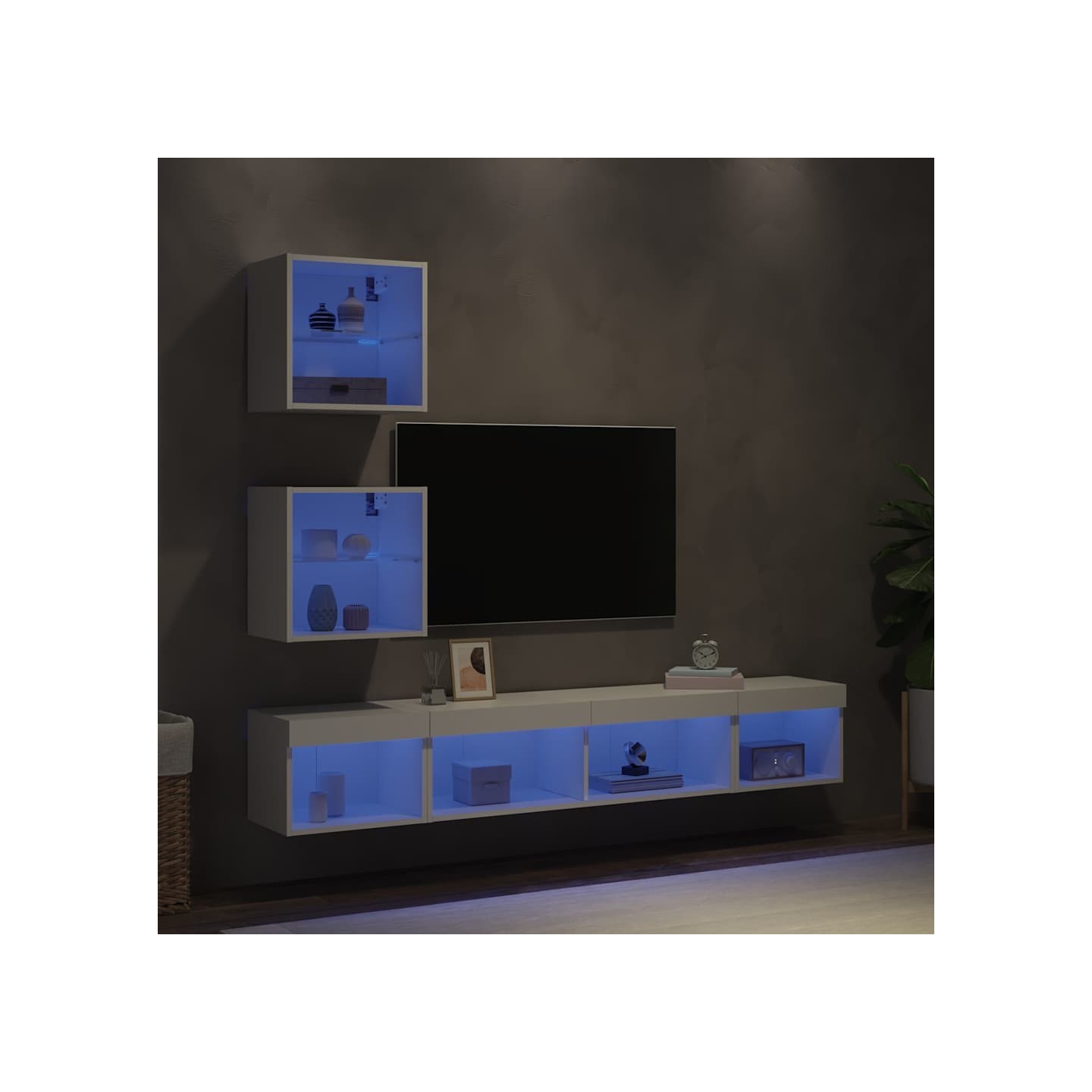 Unités murales TV avec LED 5 pcs blanc bois d'ingénierie