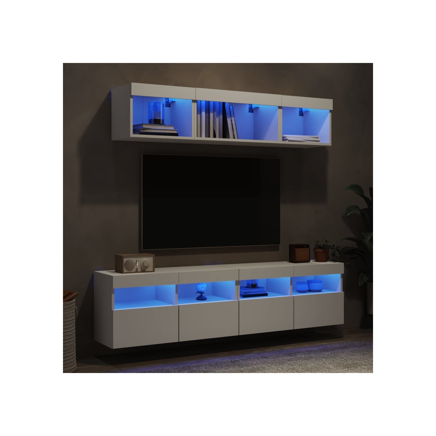 Unités murales TV avec LED 5 pcs blanc bois d'ingénierie