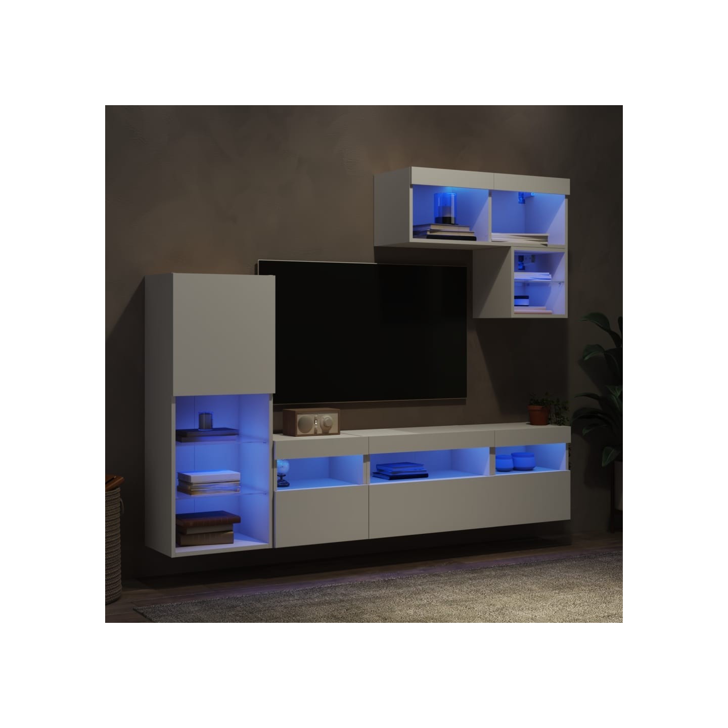 Unités murales TV avec LED 6 pcs blanc bois d'ingénierie
