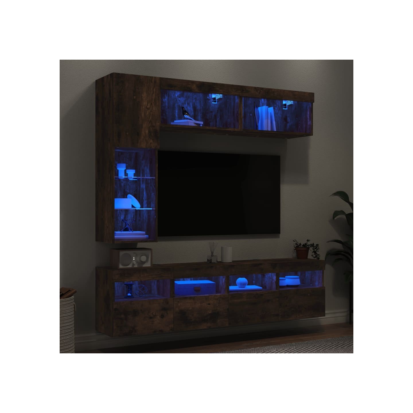 Ensemble de meubles TV muraux 7 pcs et lumières LED chêne fumé