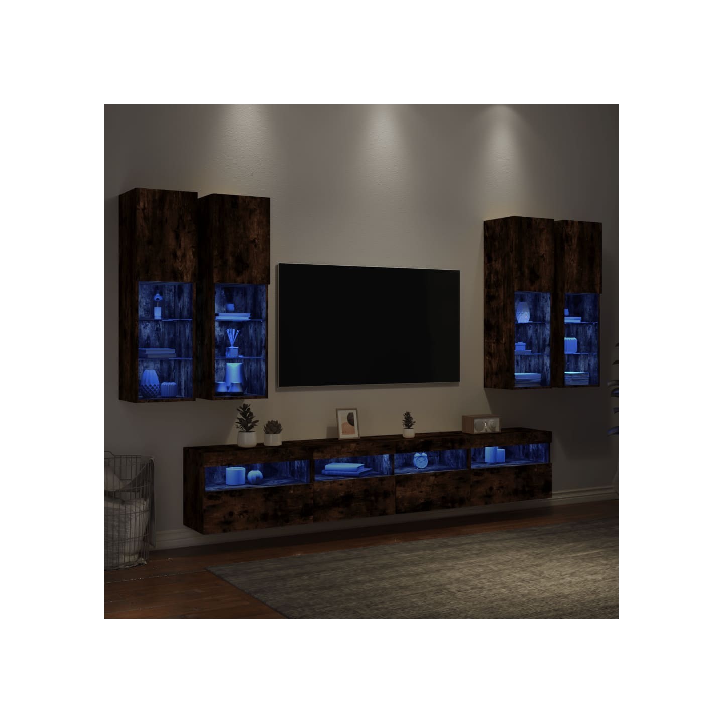 Ensemble de meubles TV muraux 7 pcs et lumières LED chêne fumé