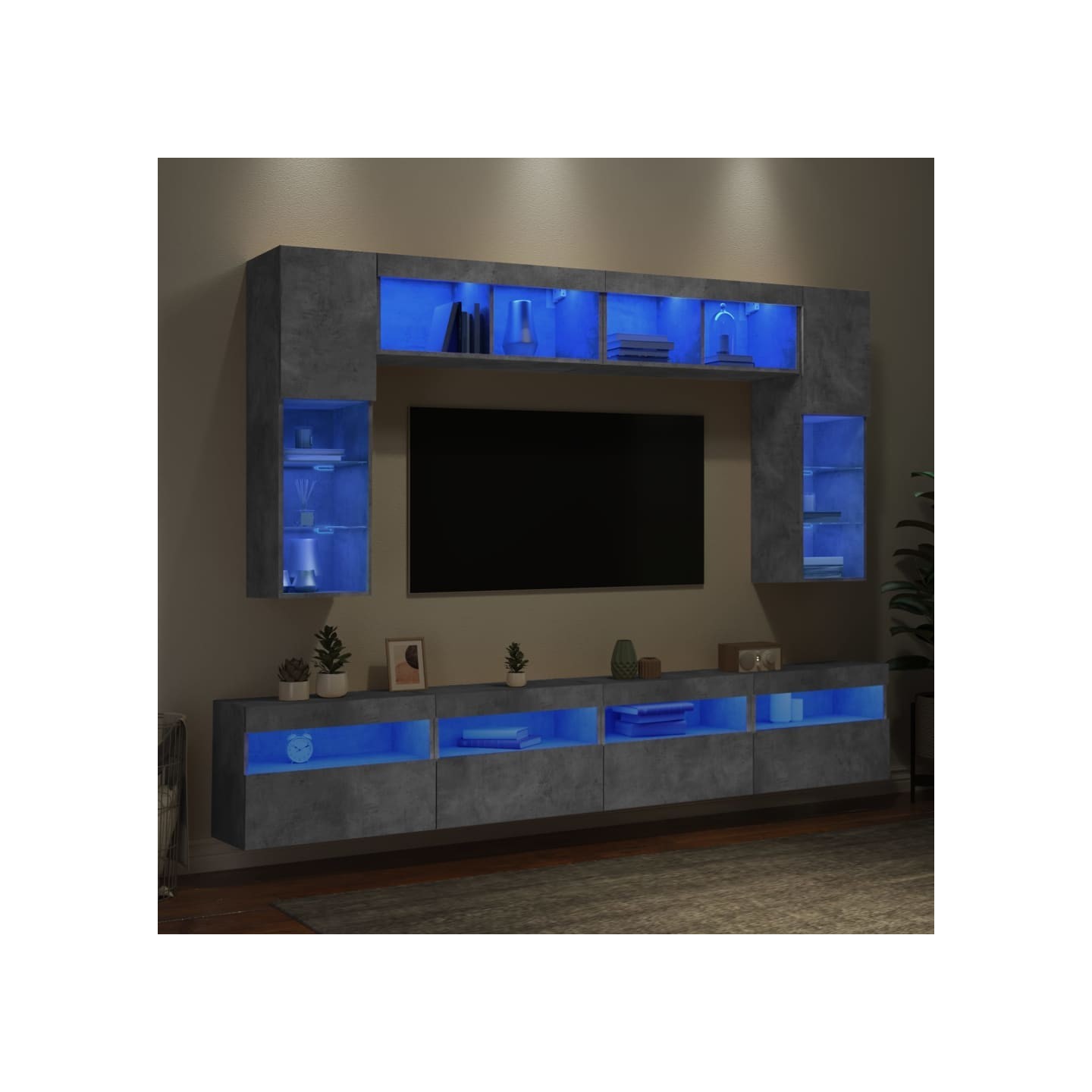 Ensemble de meubles TV muraux 8 pcs et lumières LED gris béton