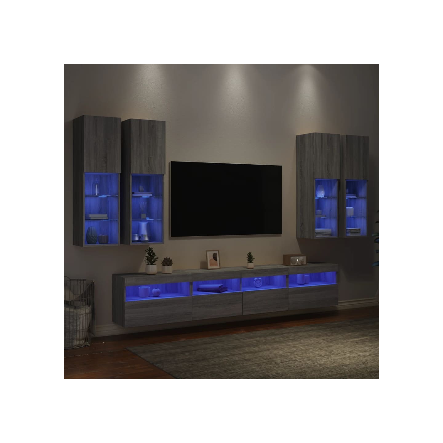Ensemble de meubles TV muraux 7 pcs et lumières LED sonoma gris