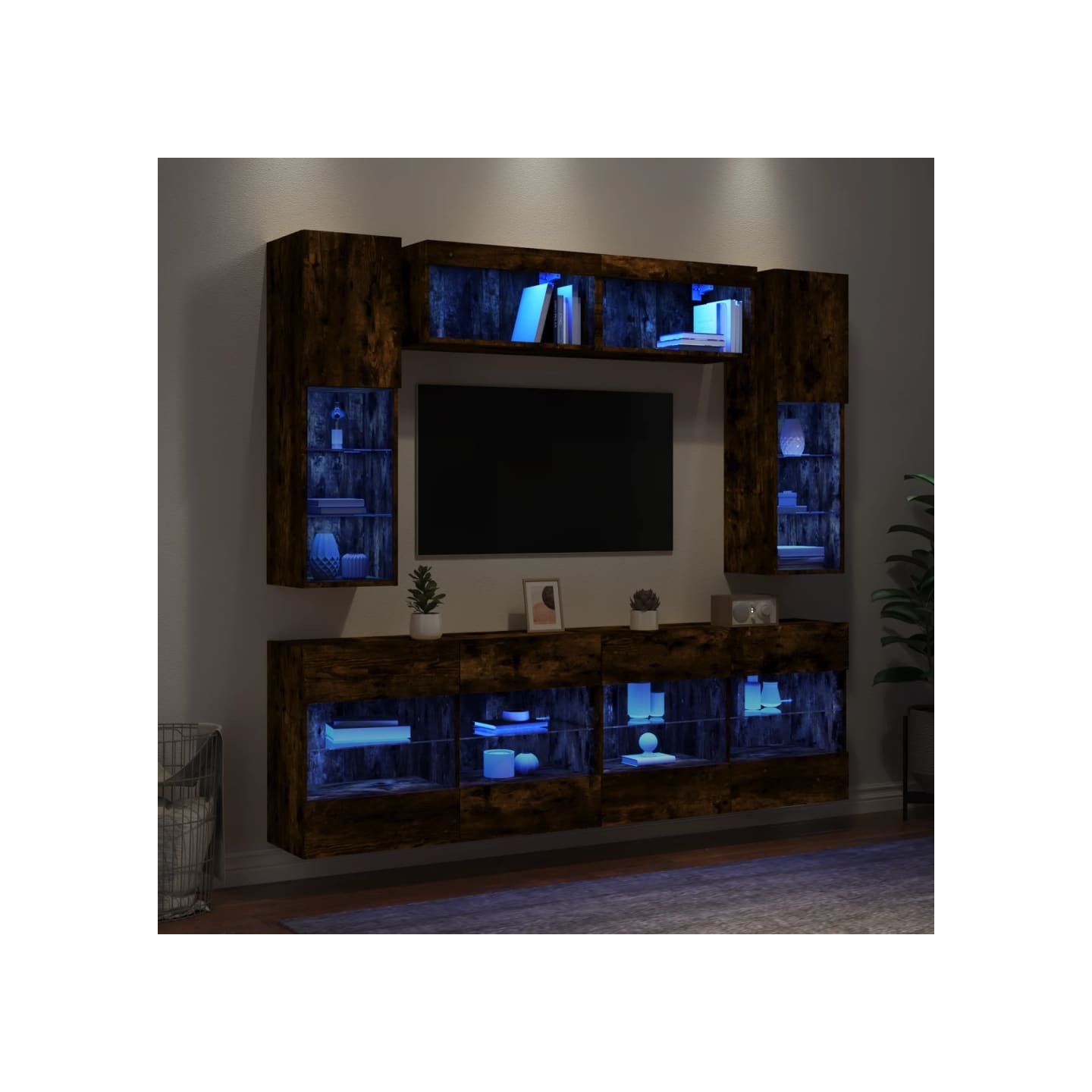 Ensemble de meubles TV muraux 6pcs et lumières LED chêne fumé