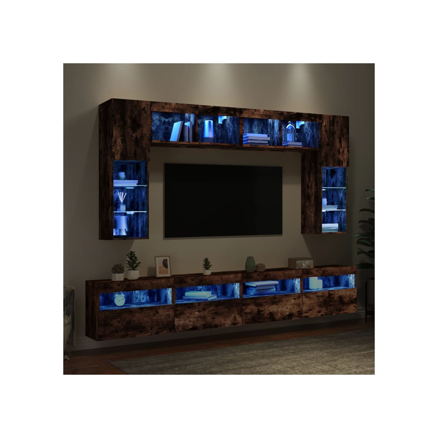 Ensemble de meubles TV muraux 8 pcs et lumières LED chêne fumé