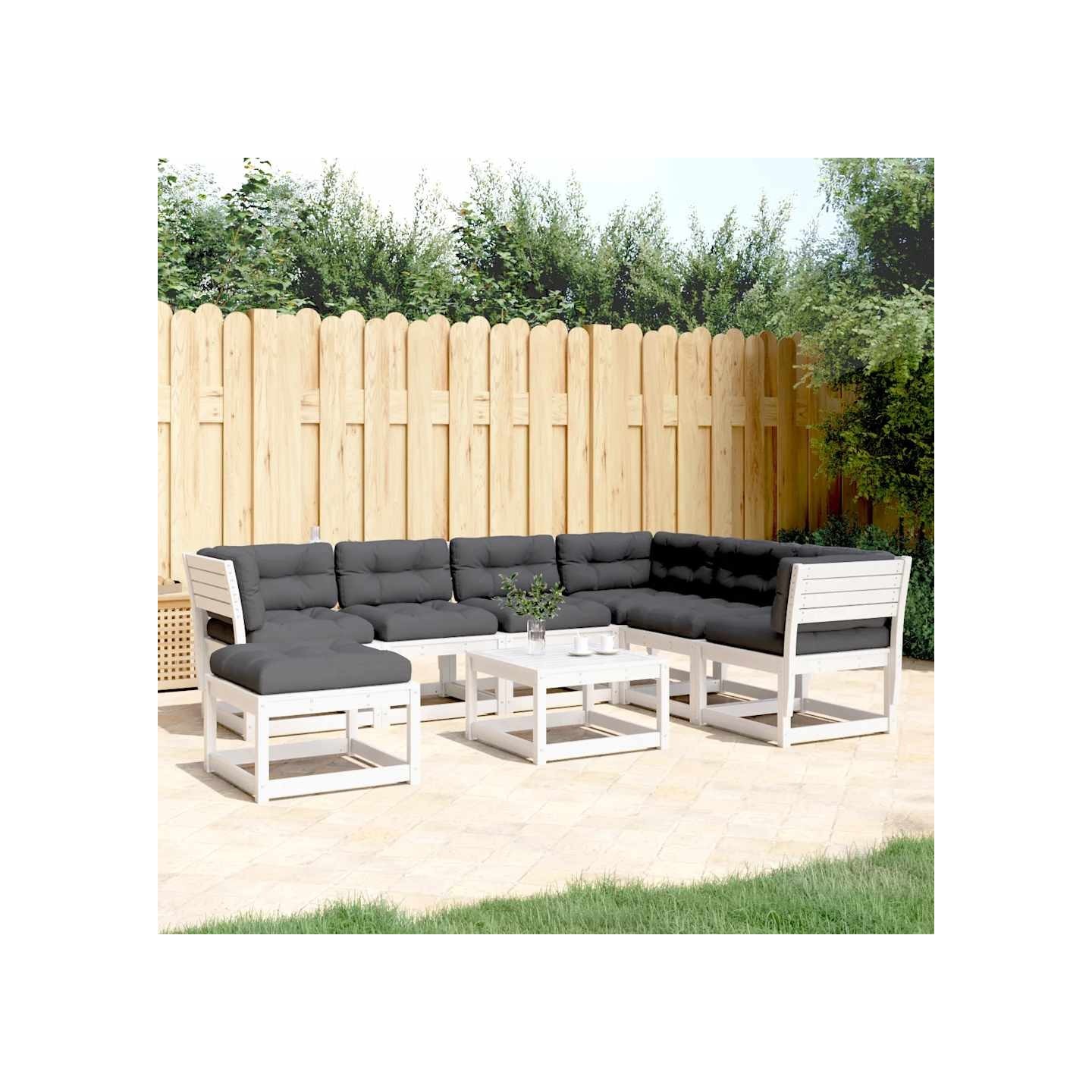 Salon de jardin 7 pcs avec coussins blanc bois de pin massif
