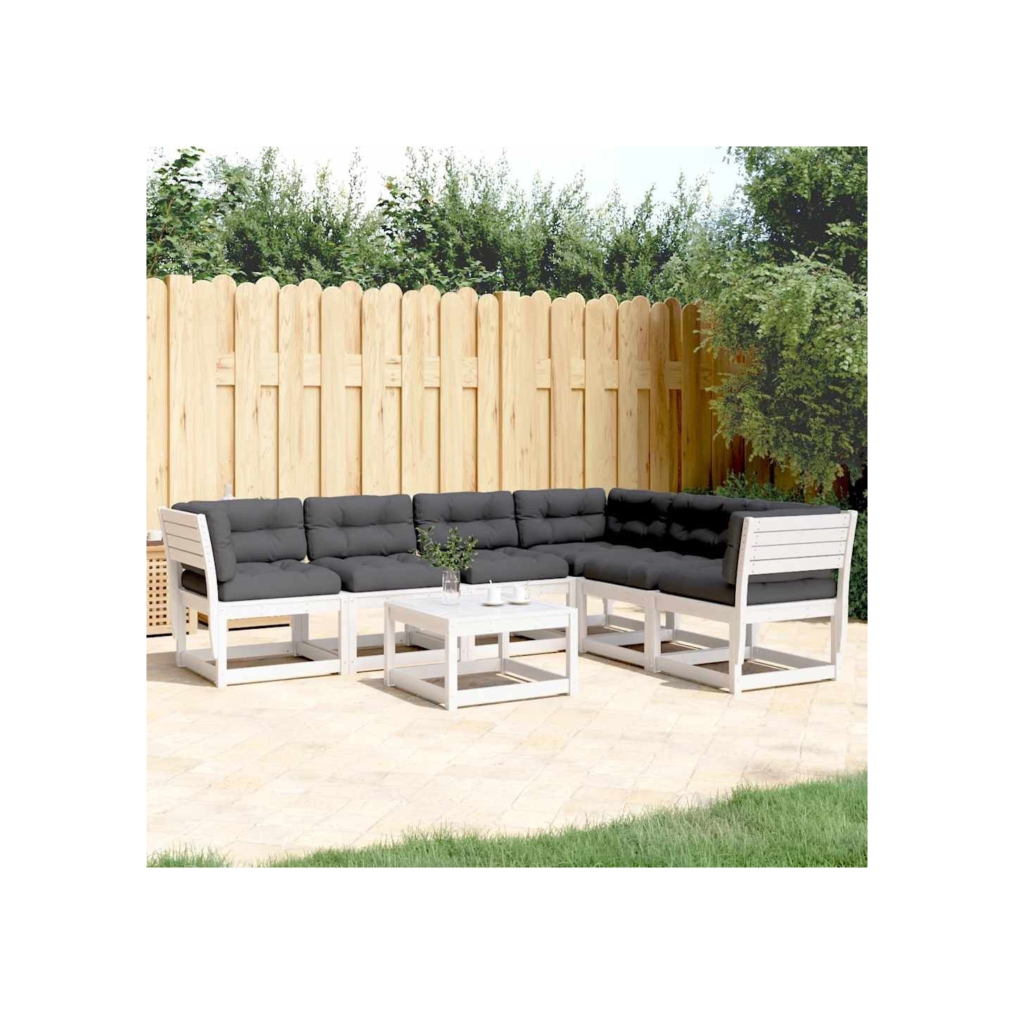 Salon de jardin 6 pcs avec coussins blanc bois massif de pin