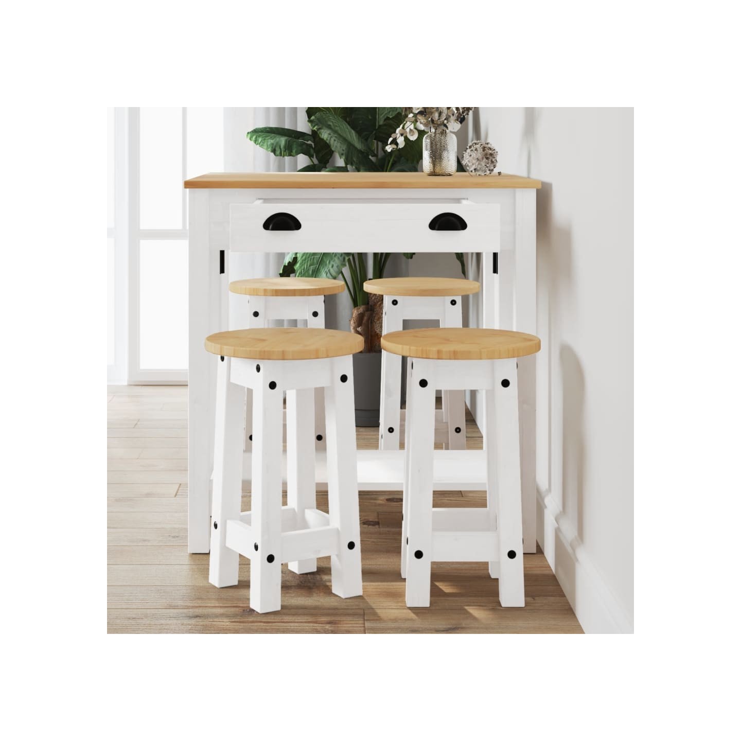 Ensemble de bar 5 pcs Blanc Bois de pin massif