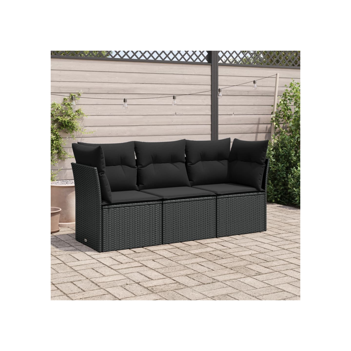 Salon de jardin 3 pcs avec coussins noir résine tressée