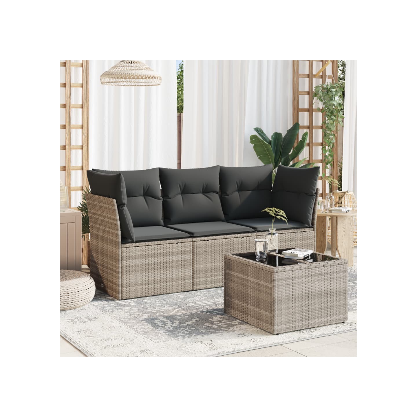 Salon de jardin 4 pcs avec coussins gris clair résine tressée