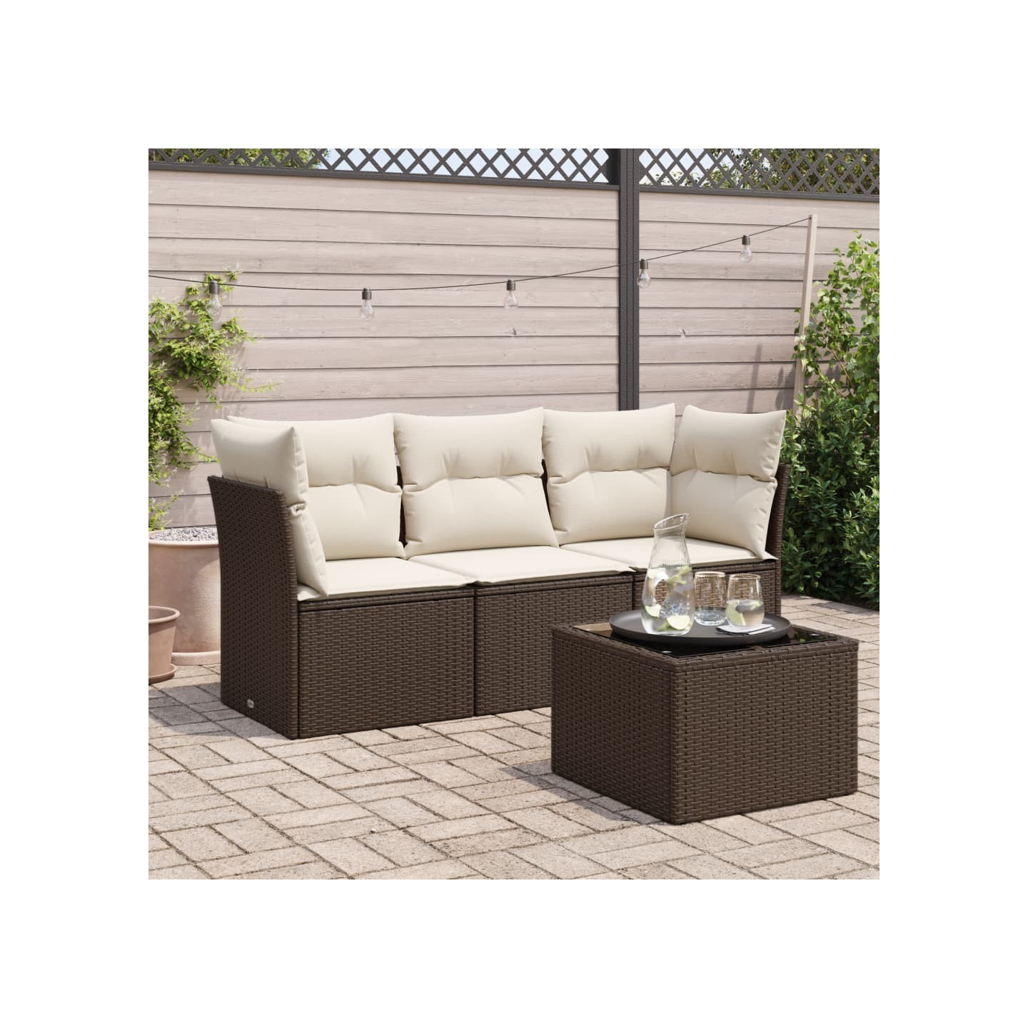 Salon de jardin 4 pcs avec coussins marron résine tressée