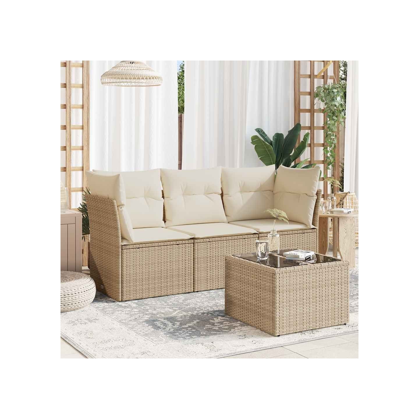Salon de jardin avec coussins 4 pcs beige résine tressée