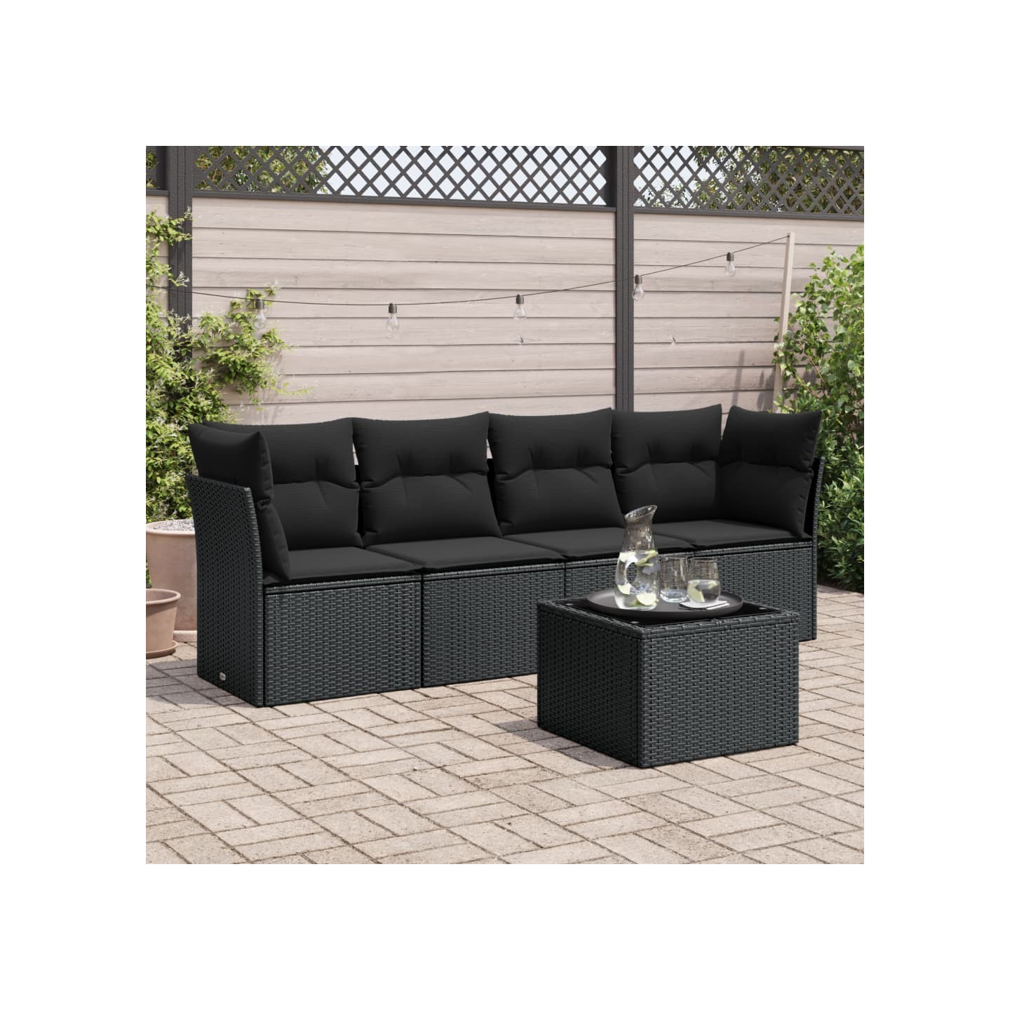 Salon de jardin 5 pcs avec coussins noir résine tressée