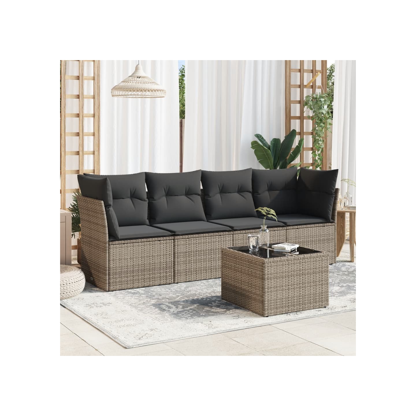 Salon de jardin 5 pcs avec coussins gris résine tressée