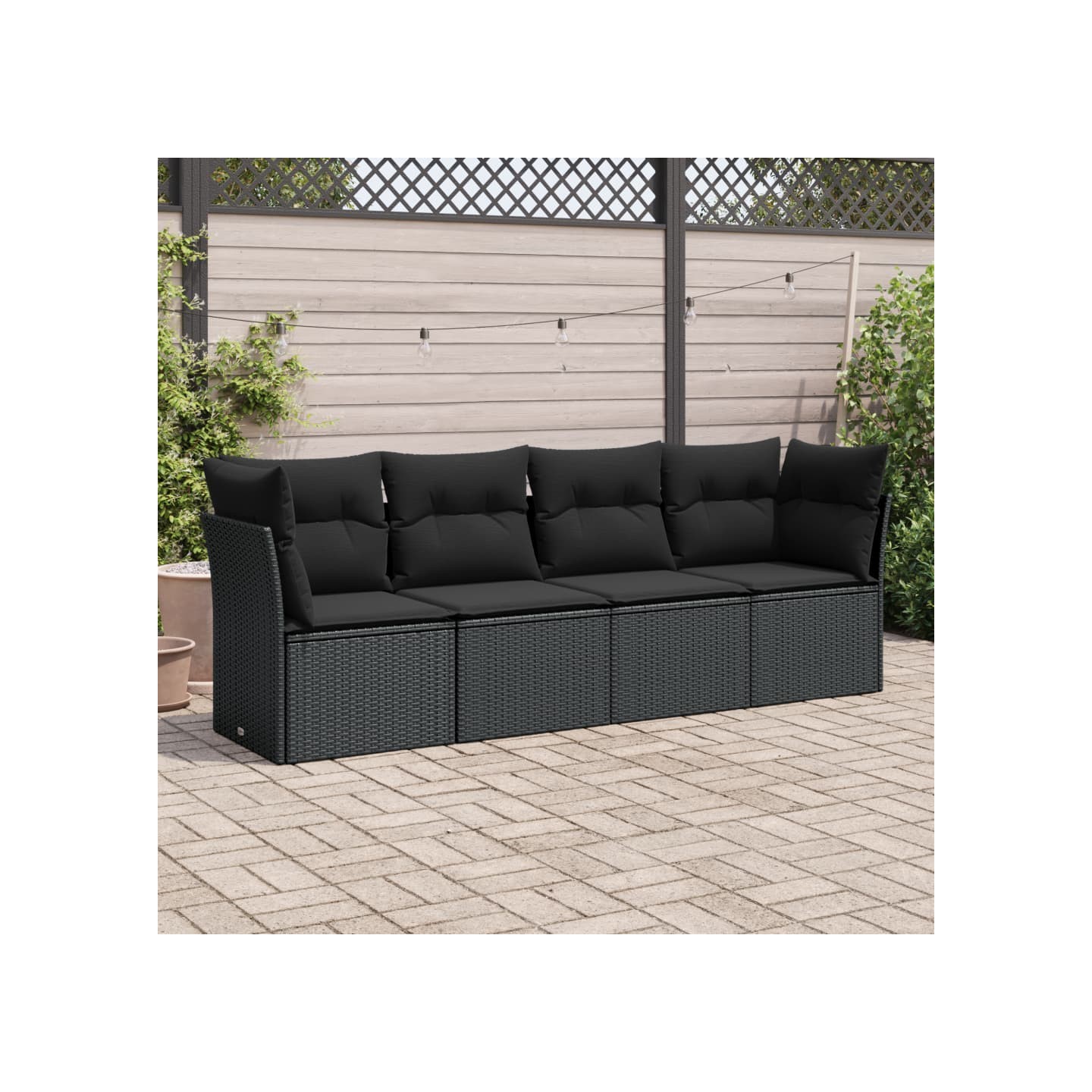 Salon de jardin 4 pcs avec coussins noir résine tressée