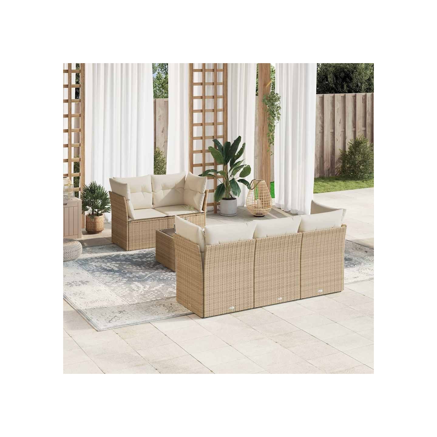 Salon de jardin avec coussins 6 pcs beige résine tressée