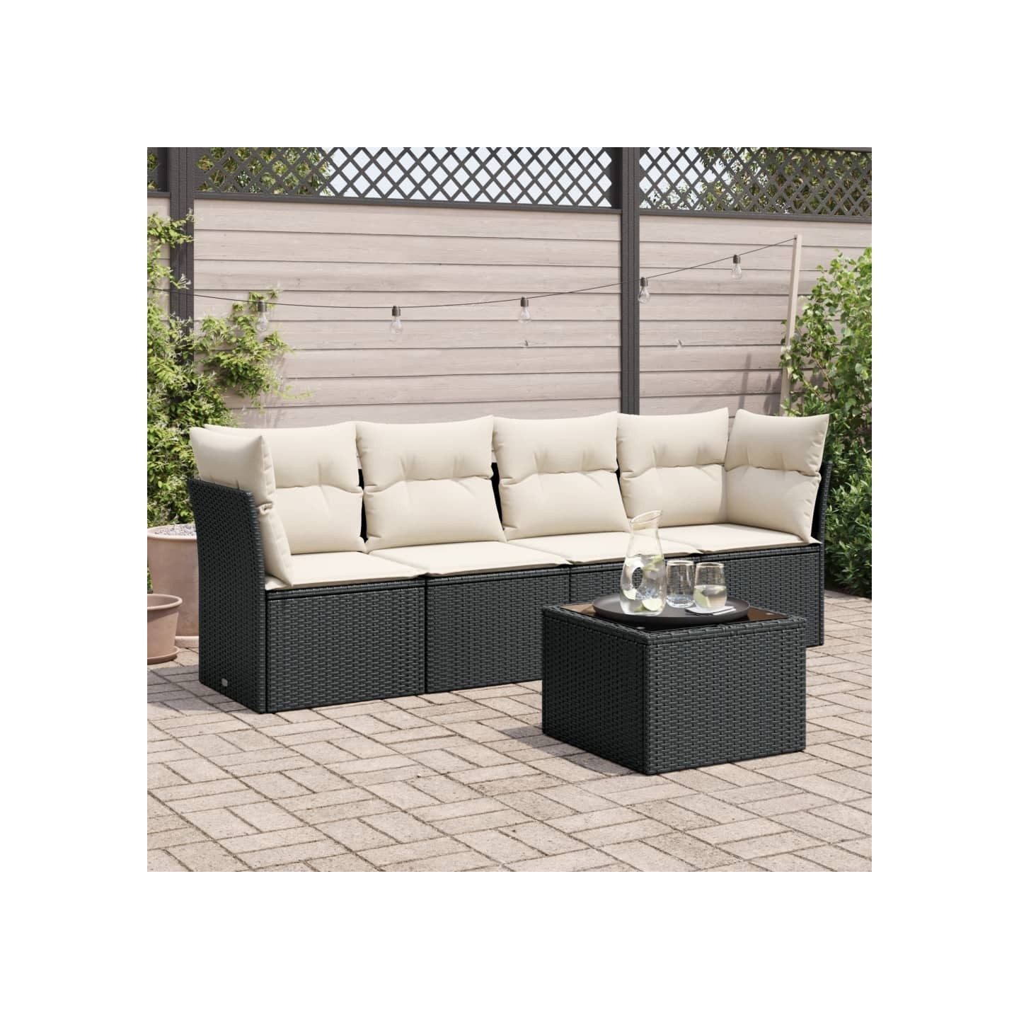Salon de jardin 5 pcs avec coussins noir résine tressée