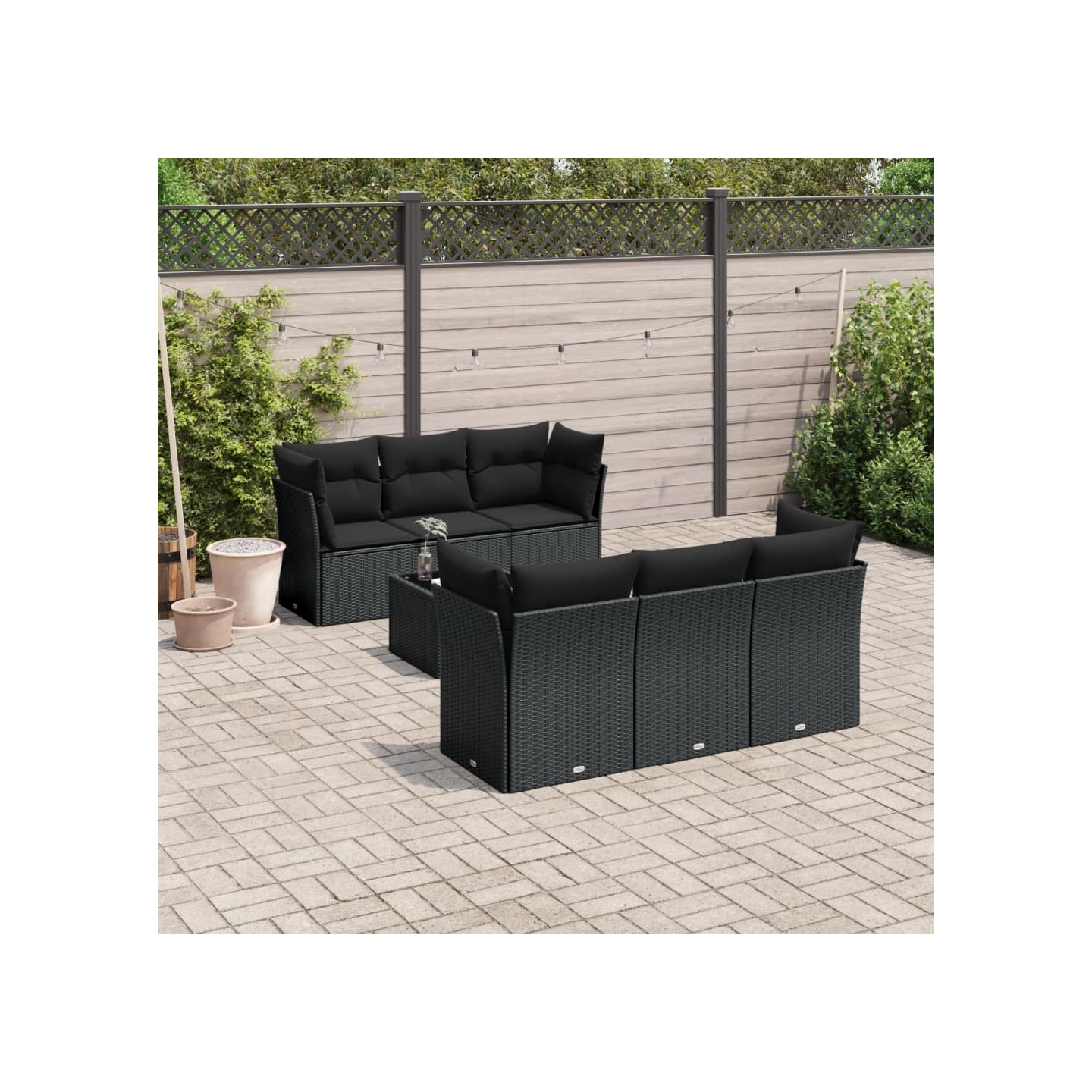 Salon de jardin 7 pcs avec coussins noir résine tressée