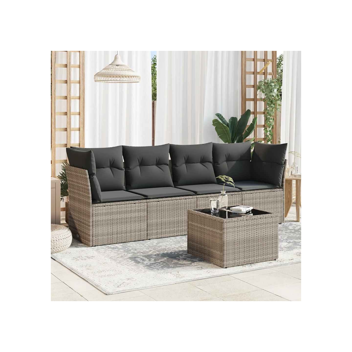 Salon de jardin 5 pcs avec coussins gris clair résine tressée