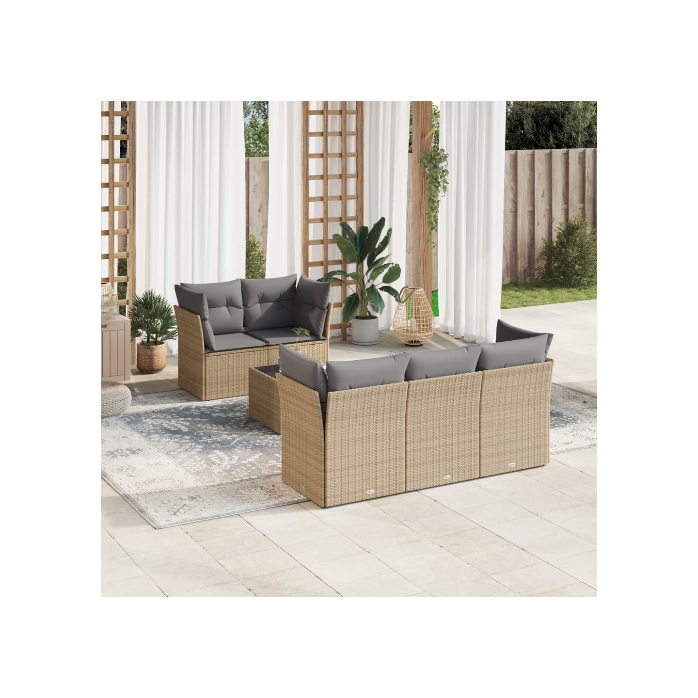 Salon de jardin avec coussins 6 pcs beige résine tressée