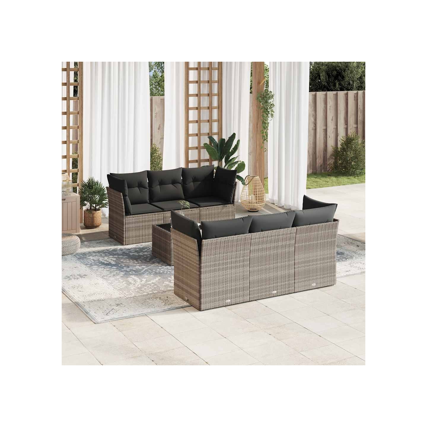 Salon de jardin avec coussins 7 pcs gris clair résine tressée