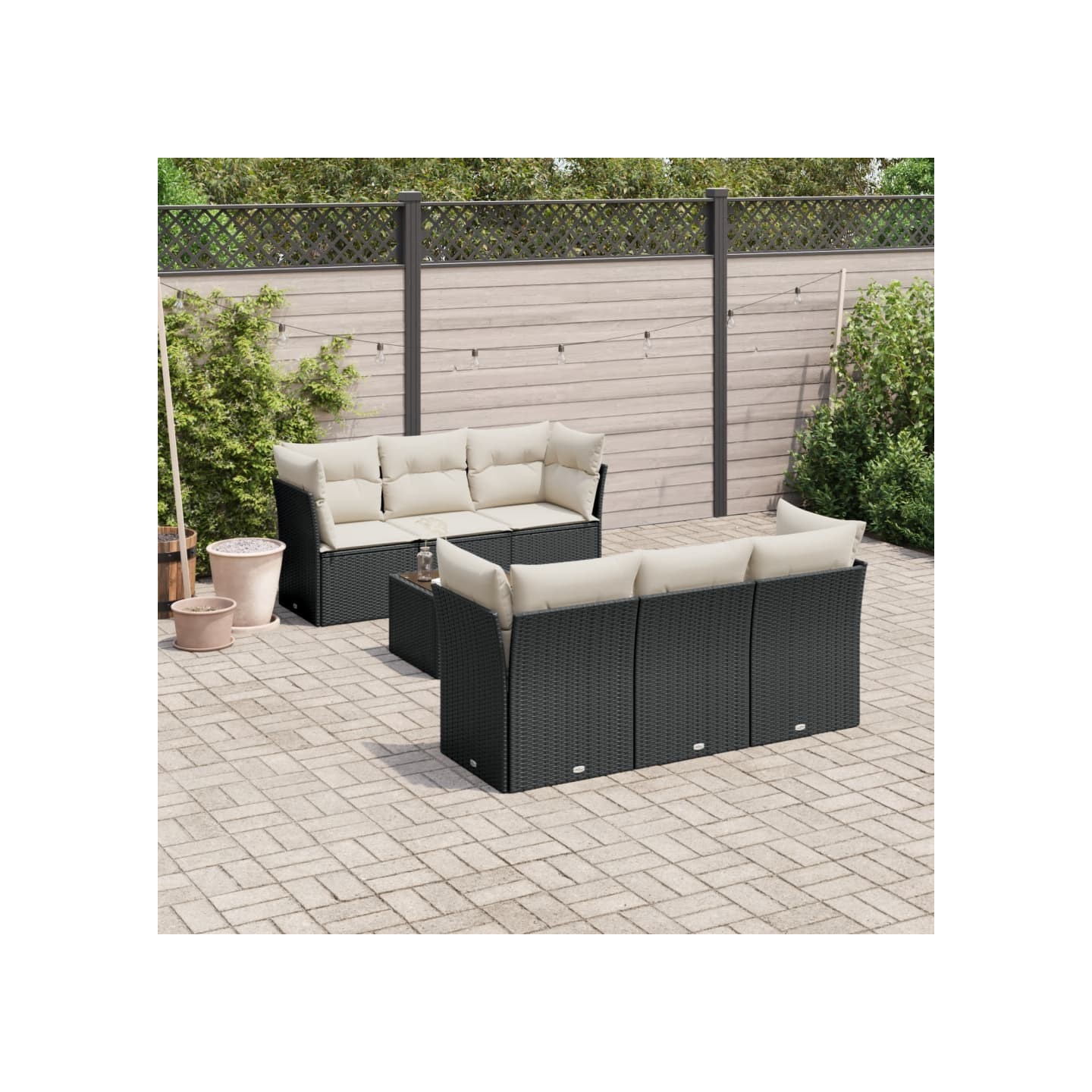 Salon de jardin 7 pcs avec coussins noir résine tressée