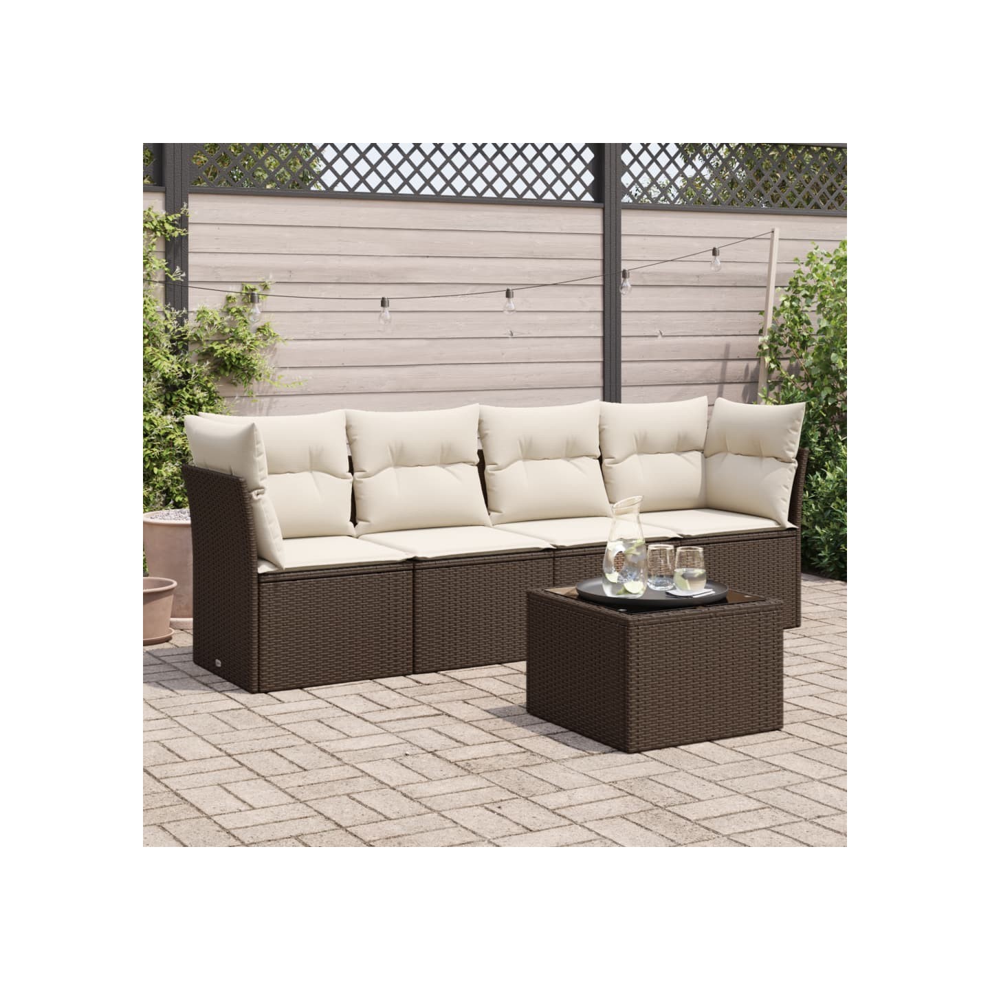 Salon de jardin avec coussins 5 pcs marron résine tressée