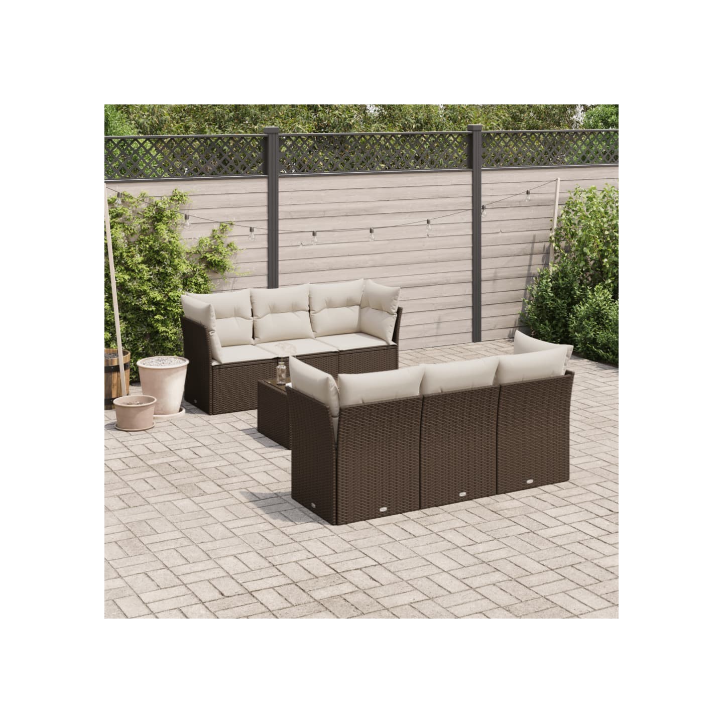 Salon de jardin avec coussins 7 pcs marron résine tressée