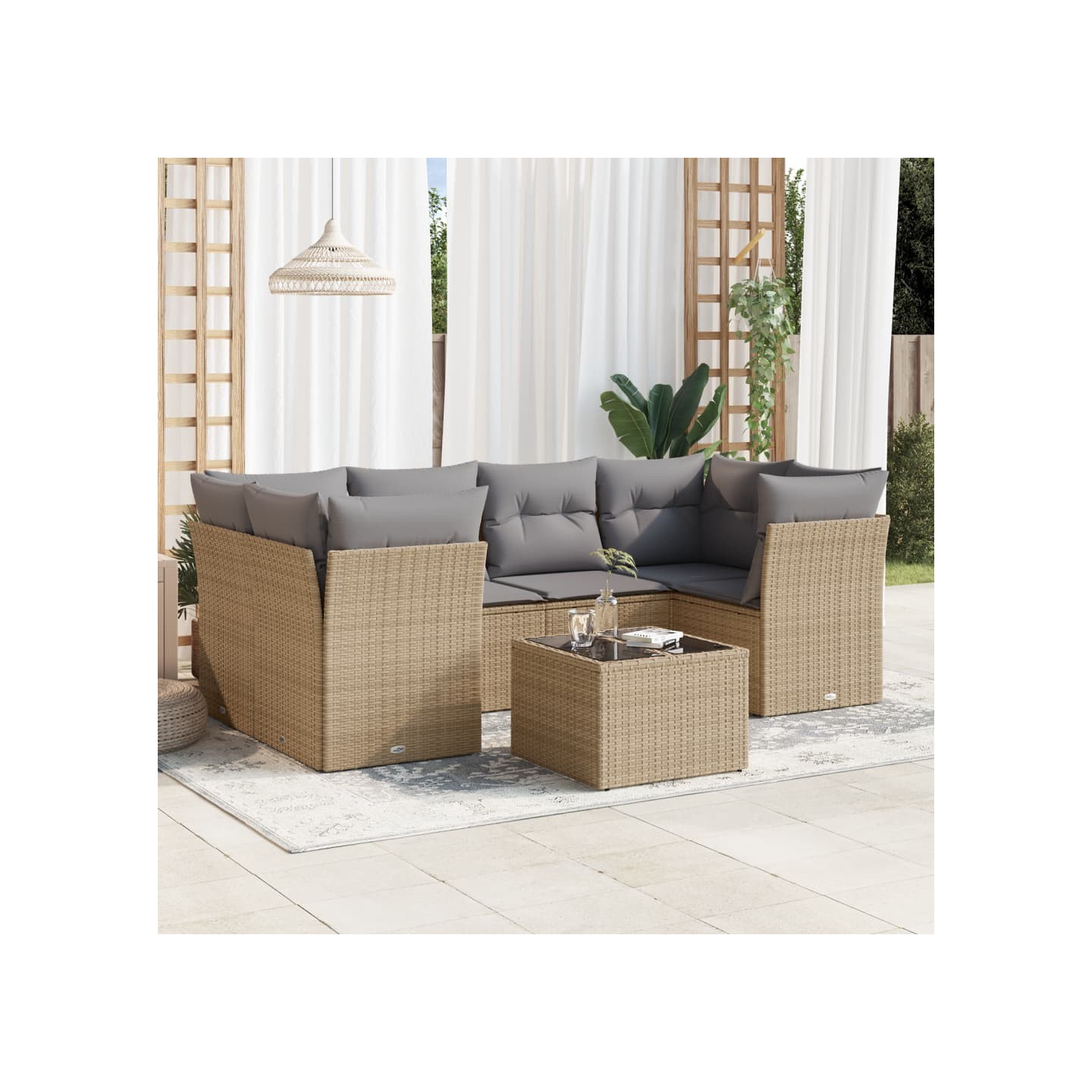Salon de jardin avec coussins 7 pcs beige résine tressée