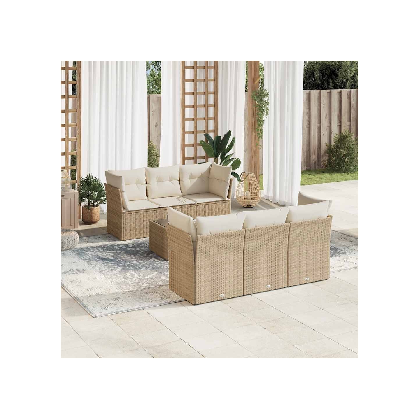 Salon de jardin avec coussins 7 pcs beige résine tressée